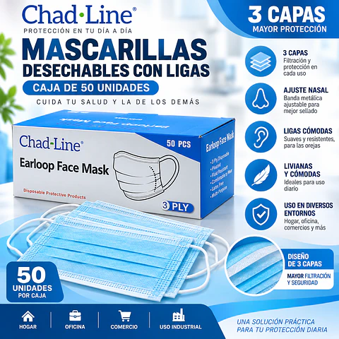Mascarillas Desechables con Ligas Caja de 50 Unidades