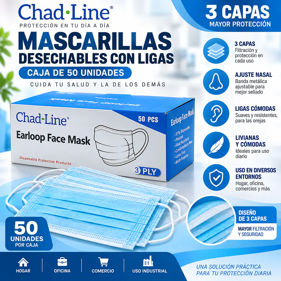 Mascarillas Desechables con Ligas Caja de 50 Unidades 1