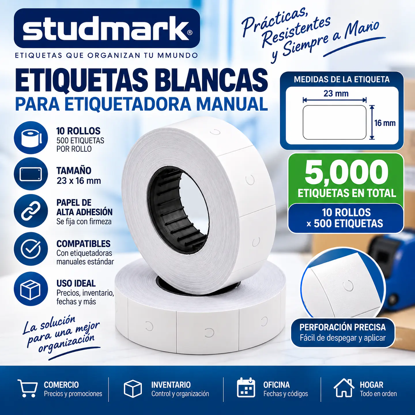 10 Rollos Etiquetas Studmark Blancas 500 Etiquetas 1