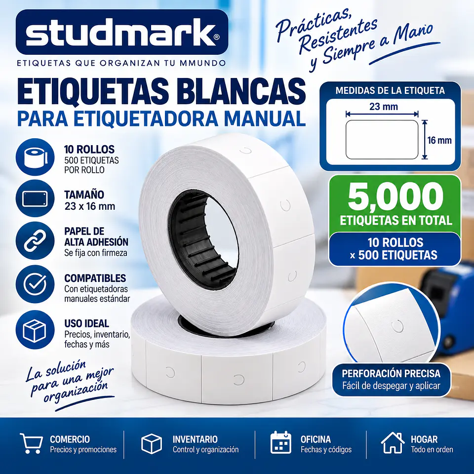 10 Rollos Etiquetas Studmark Blancas 500 Etiquetas 1