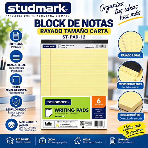 Block de Notas Studmark Rayado Tamaño Carta con Hojas Blancas y Amarillas para Oficina y Estudio
