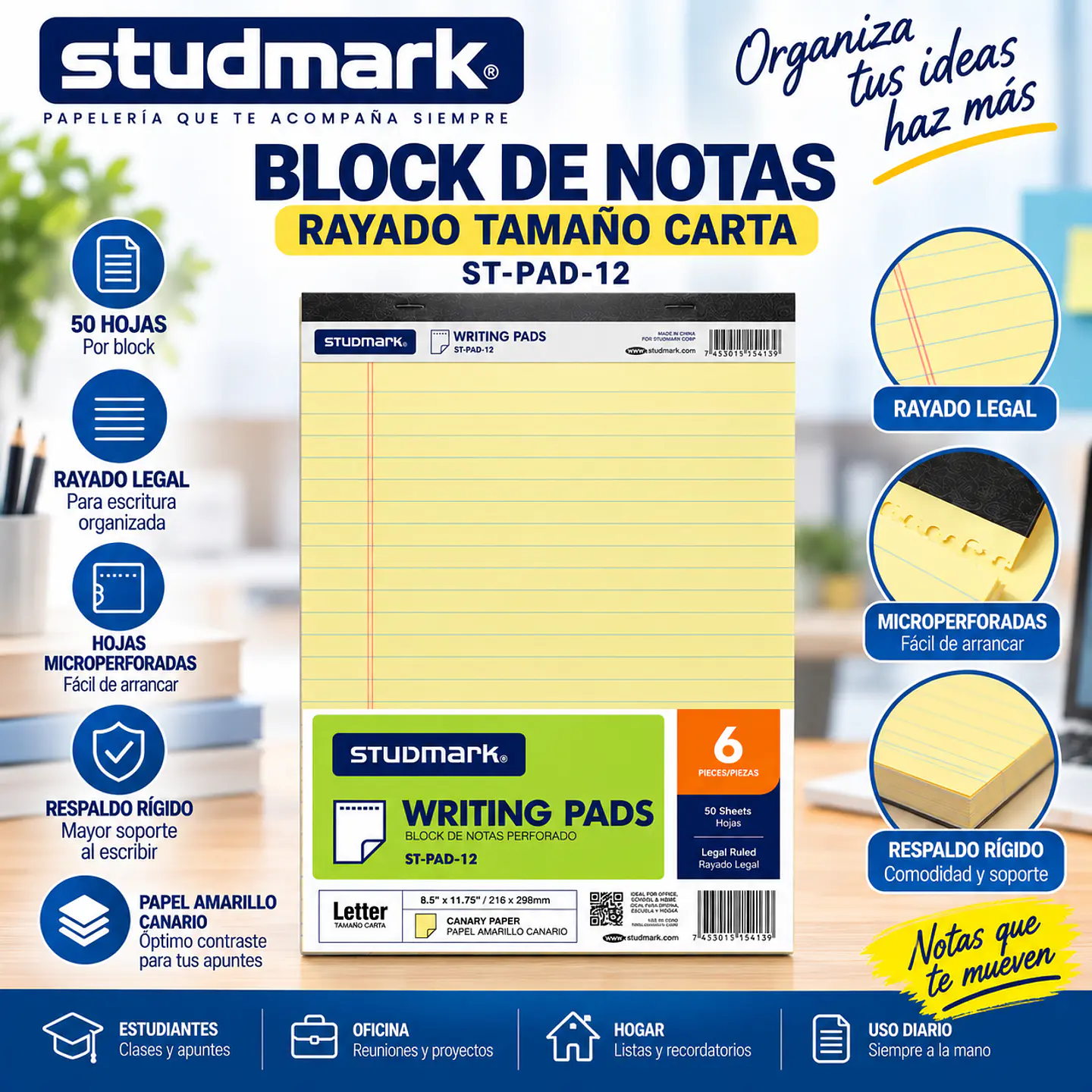 Block de Notas Studmark Rayado Tamaño Carta con Hojas Blancas y Amarillas para Oficina y Estudio 1
