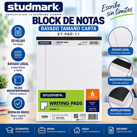 Block de Notas Studmark Rayado Tamaño Carta con Hojas Blancas y Amarillas para Oficina y Estudio