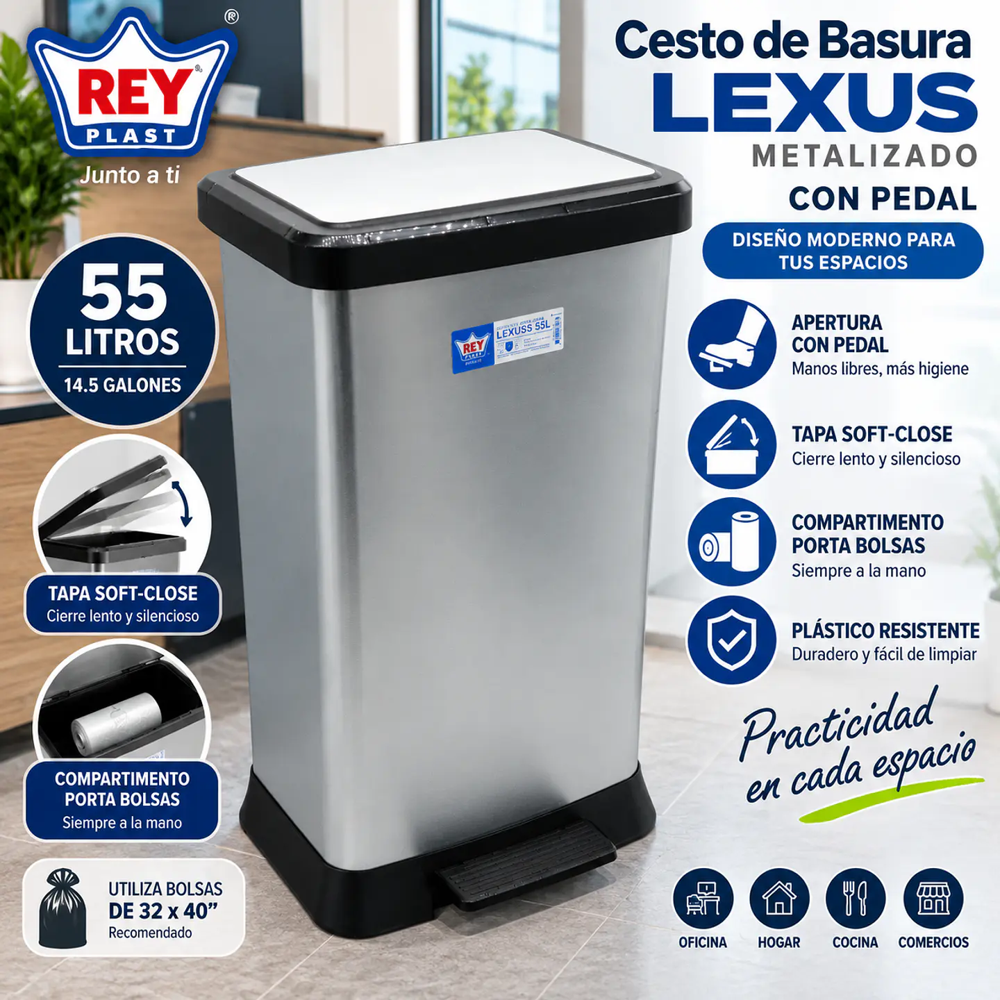 Cesto de Basura Lexus Metalizado con Pedal y Tapa Soft-Close 40L y 55L 2