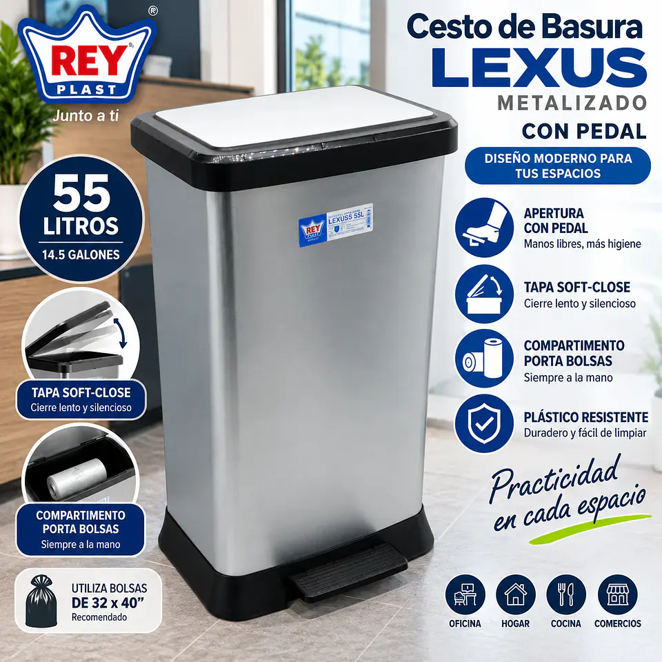 Cesto de Basura Lexus Metalizado con Pedal y Tapa Soft-Close 40L y 55L 2