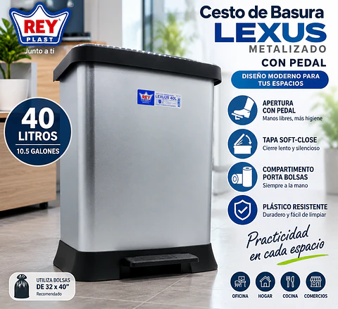 Cesto de Basura Lexus Metalizado con Pedal y Tapa Soft-Close 40L y 55L