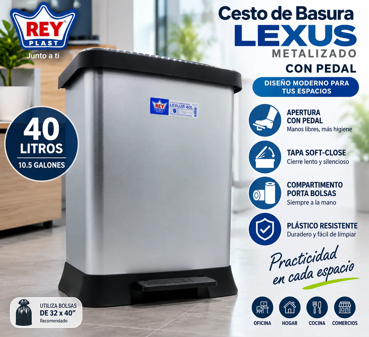 Cesto de Basura Lexus Metalizado con Pedal y Tapa Soft-Close 40L y 55L 1