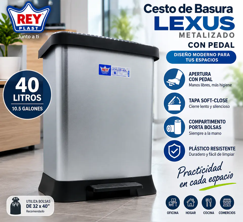 Cesto de Basura Lexus Metalizado con Pedal y Tapa Soft-Close 40L y 55L 1