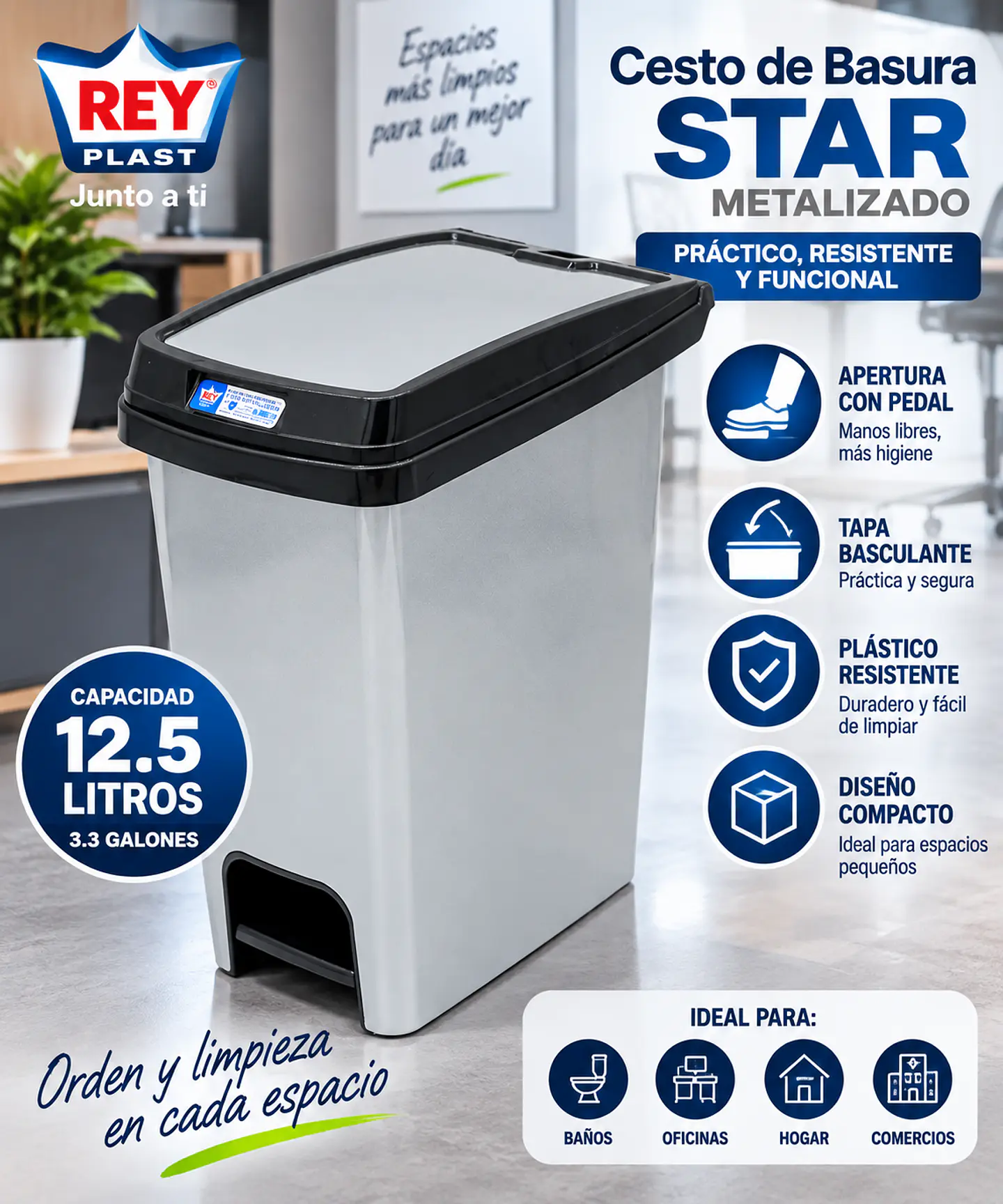 Cesto de Basura Rey Star Metalizado 12.5L con Pedal y Tapa Soft-Close 1