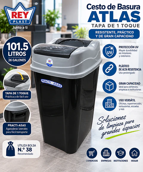 Cesto de Basura Rey Atlas 101.5L con Tapa de 1 Toque y Practi-Asas