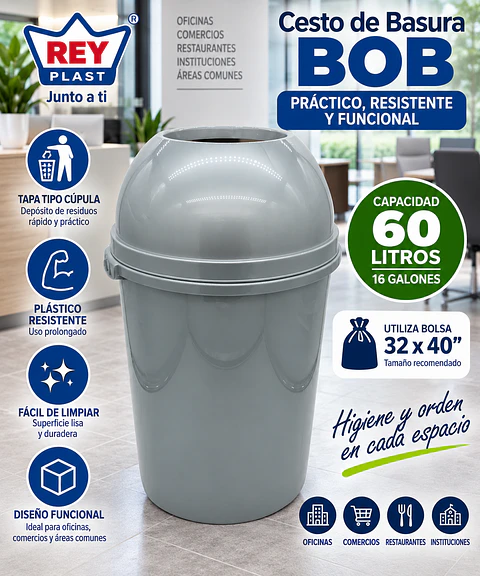 Cesto de Basura Rey Bob 60L con Tapa para Áreas de Alto Tráfico