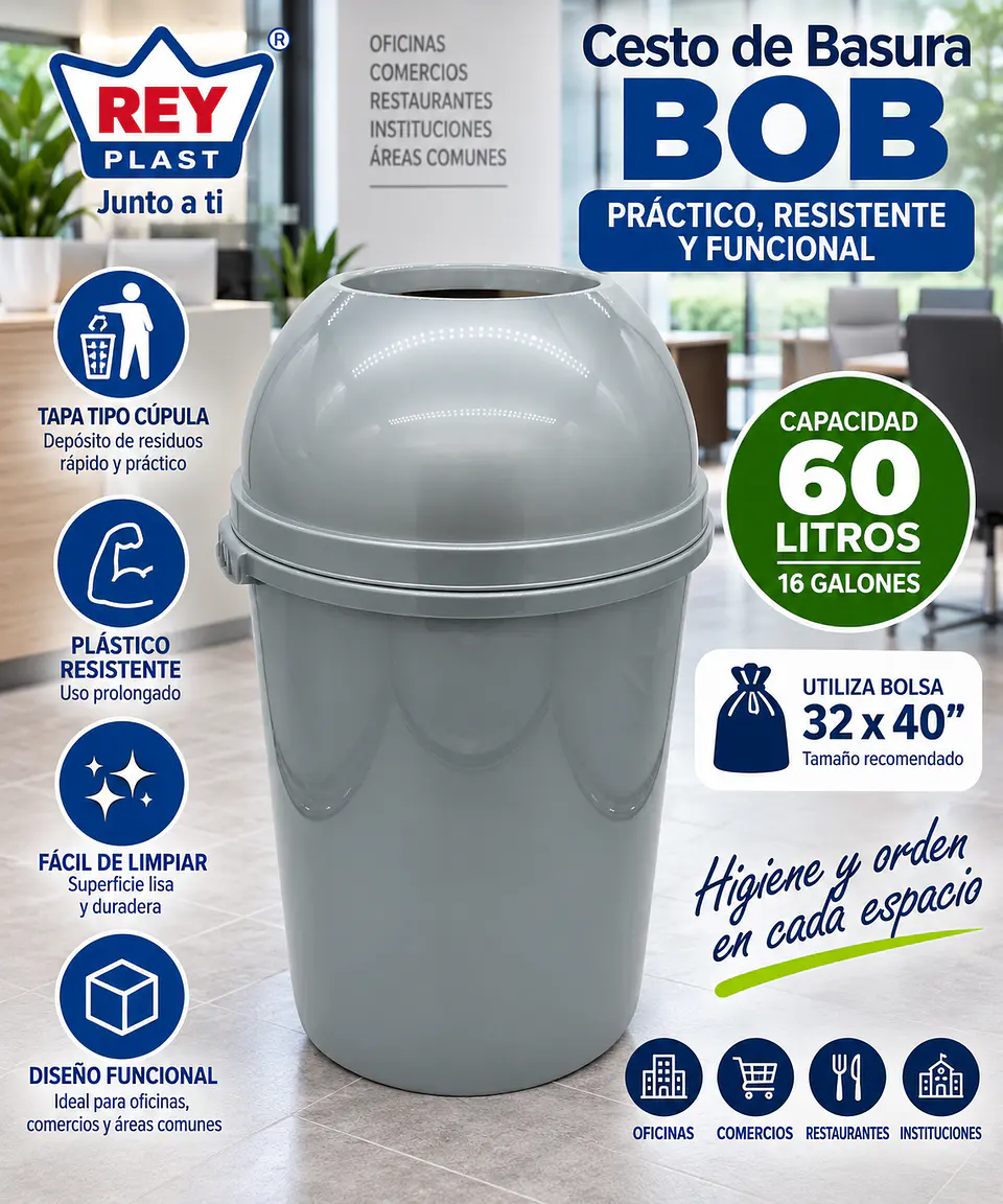 Cesto de Basura Rey Bob 60L con Tapa para Áreas de Alto Tráfico 1