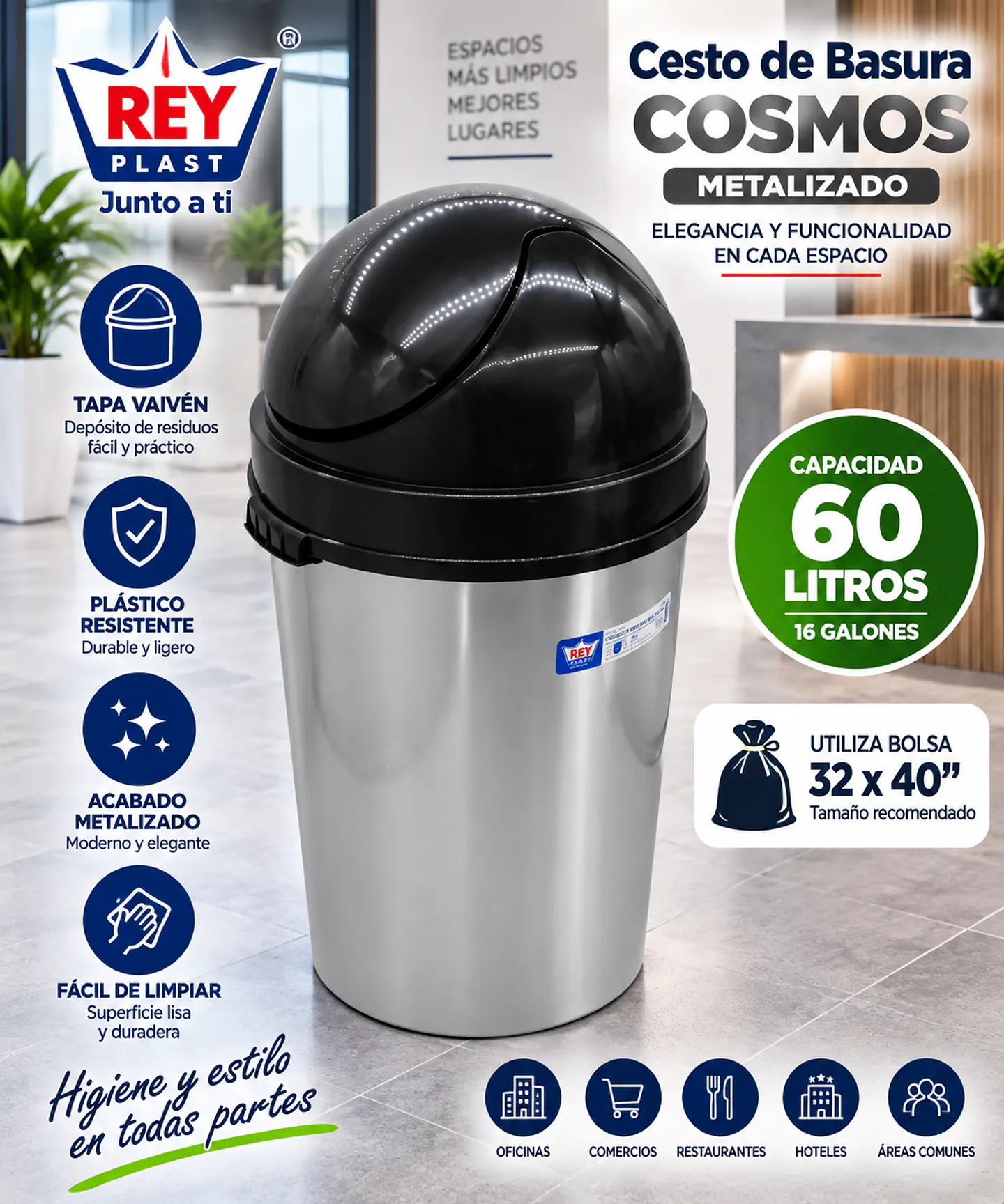 Cesto de Basura Rey Cosmos Metalizado 60L con Tapa Vaivén 1