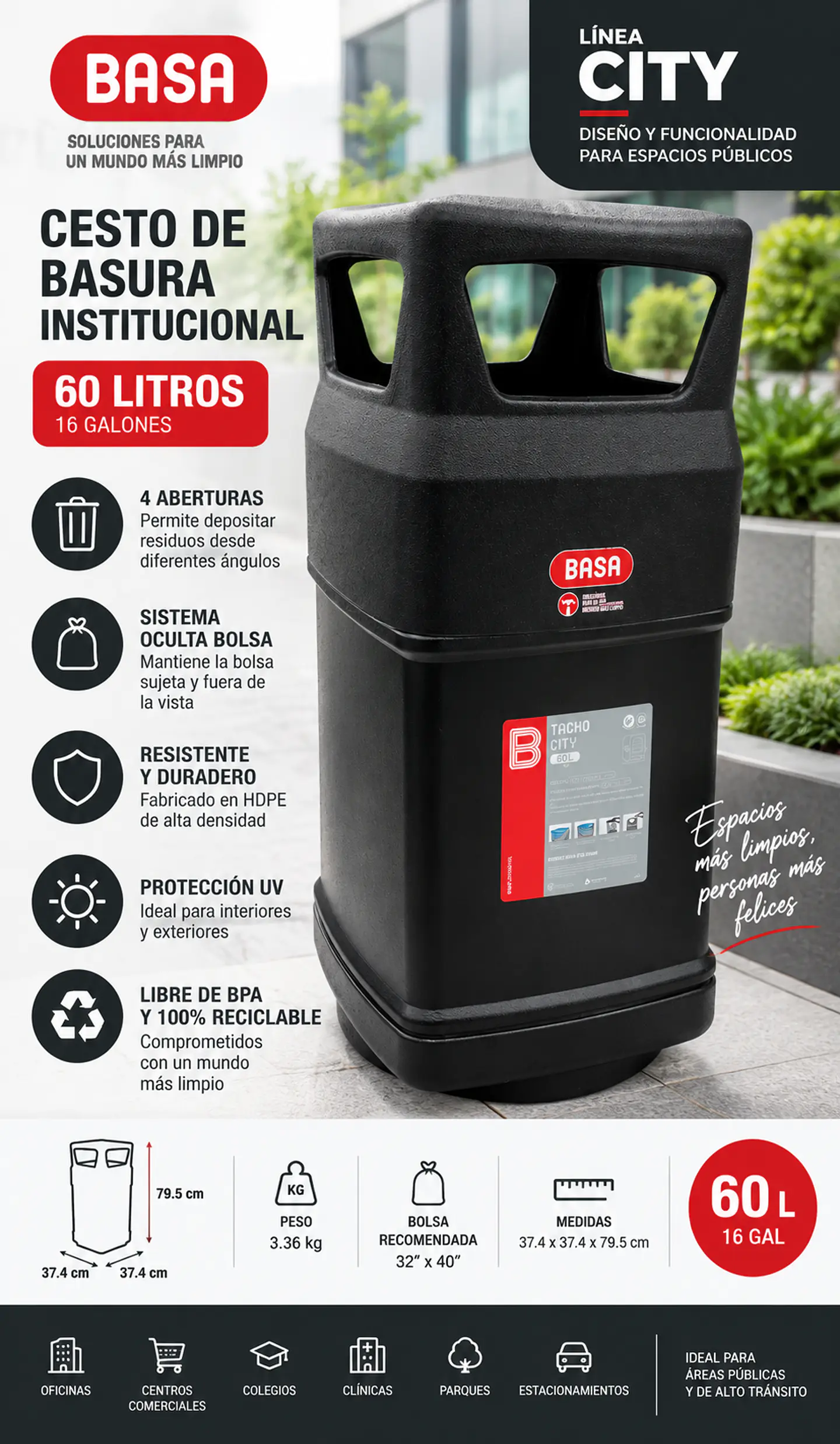 Cesto de Basura Institucional BASA City Negro con Sistema Oculta Bolsa 1