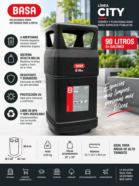 Cesto de Basura Institucional BASA City Negro con Sistema Oculta Bolsa