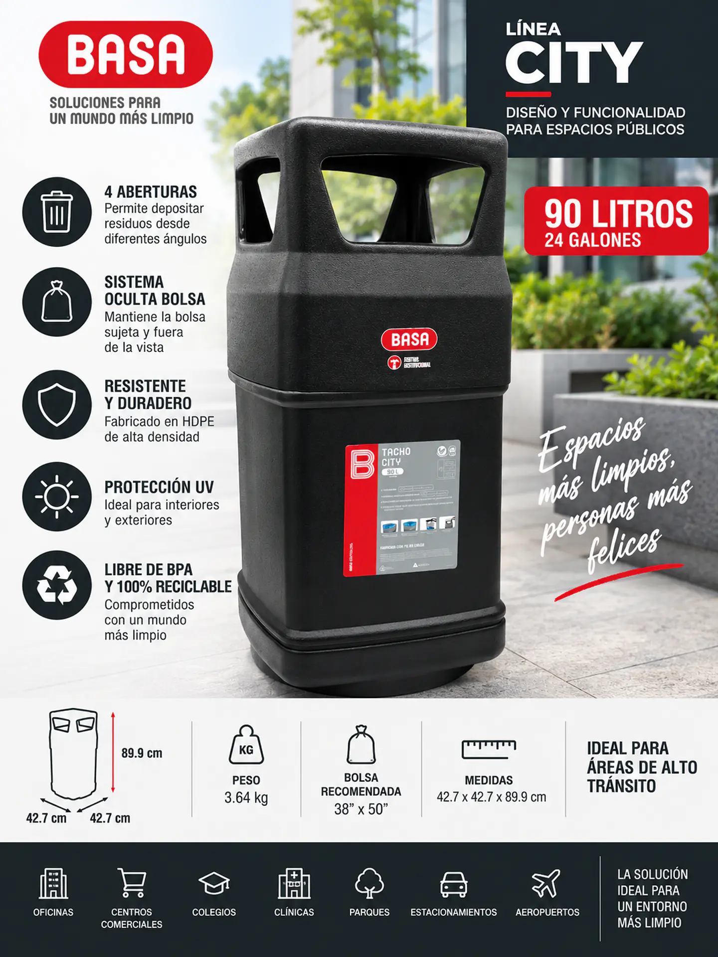 Cesto de Basura Institucional BASA City Negro con Sistema Oculta Bolsa 2