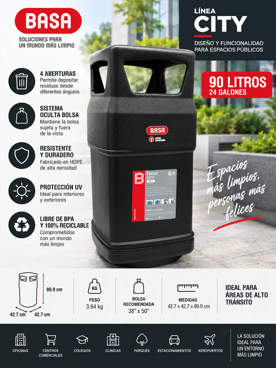 Cesto de Basura Institucional BASA City Negro con Sistema Oculta Bolsa 2