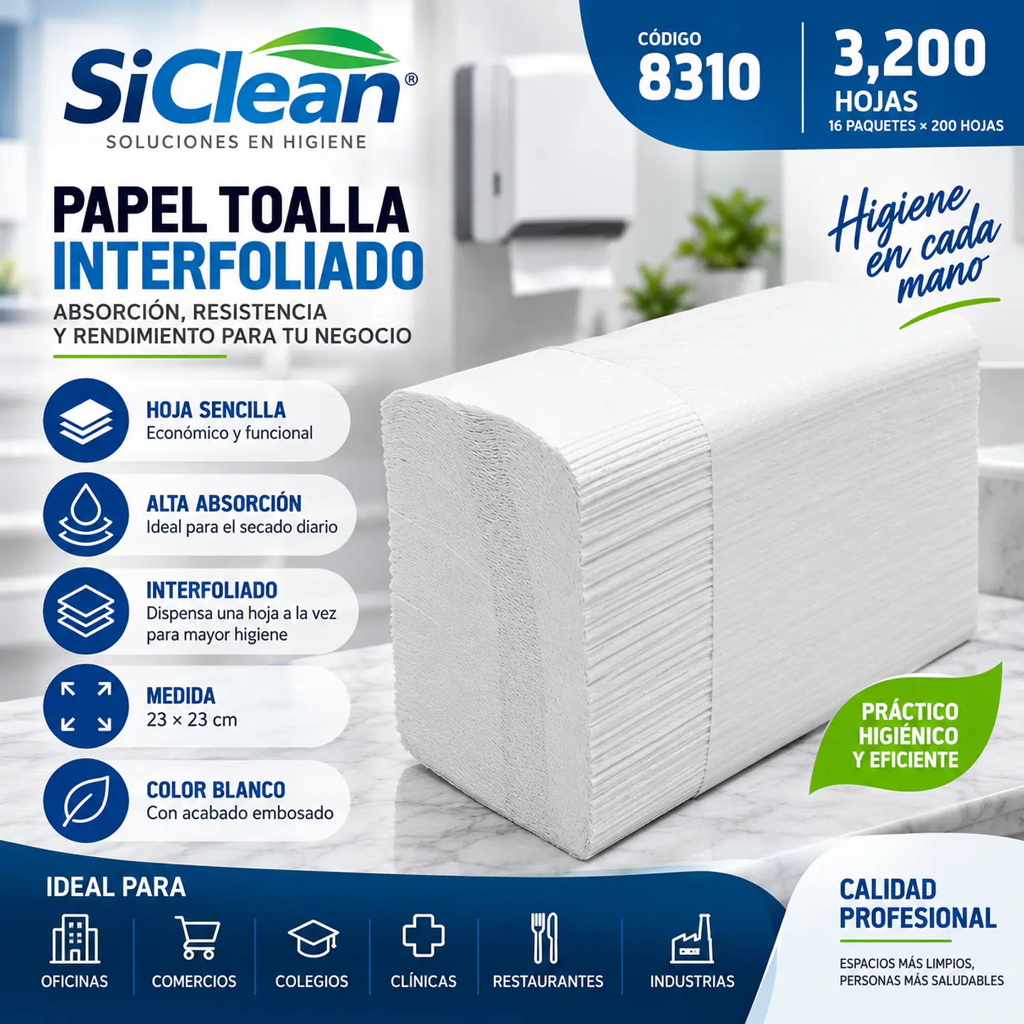 Papel Toalla Interfoliado SiClean 8310 3200 Hojas Hoja Sencilla 1