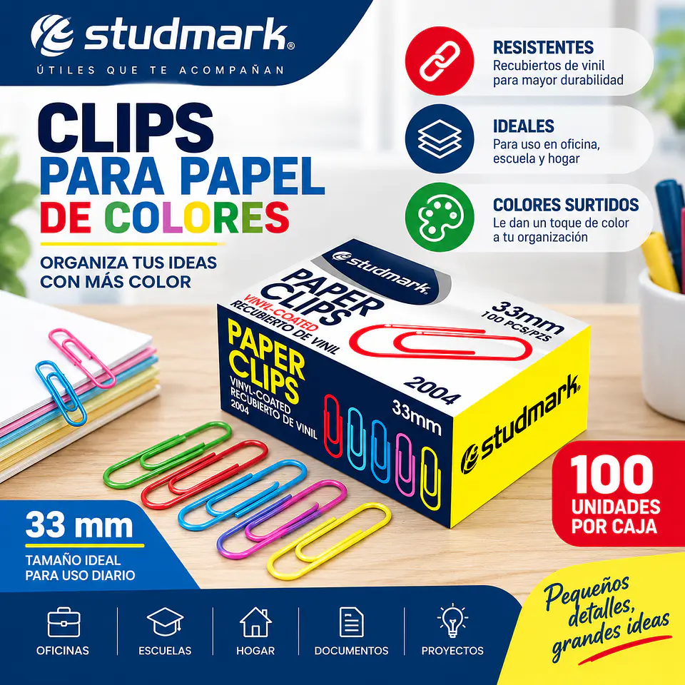 Clips para Papel Studmark 33 mm Caja 100 Unidades 2