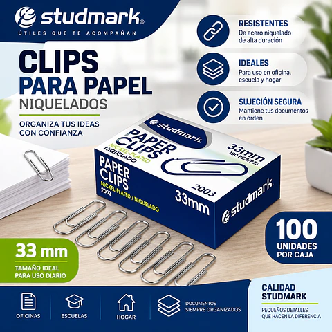 Clips para Papel Studmark 33 mm Caja 100 Unidades