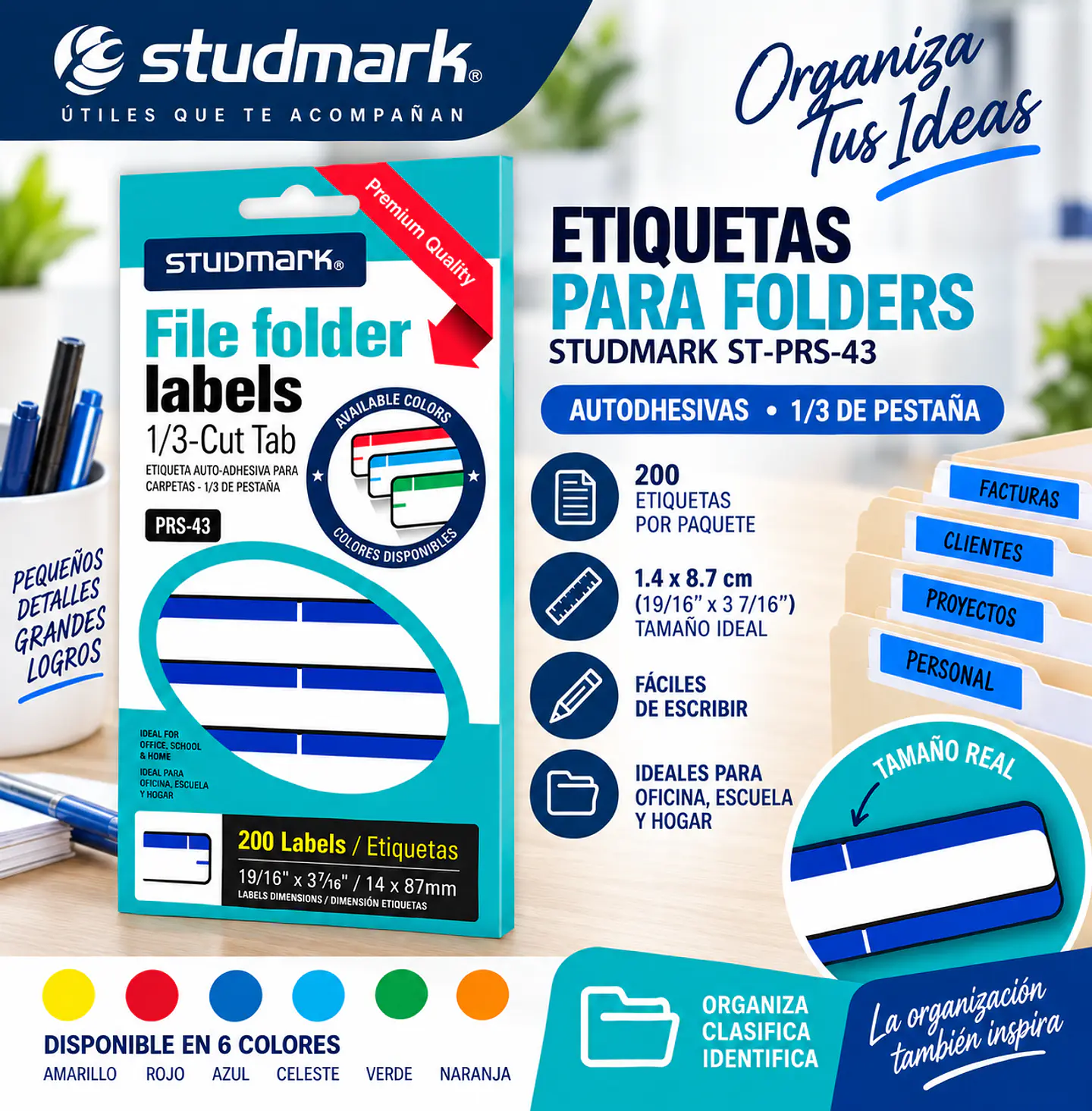 Etiquetas Adhesivas Studmark ST-PRS-43 para Folders 1.4 x 8.7 cm Caja de 200 Unidades 3