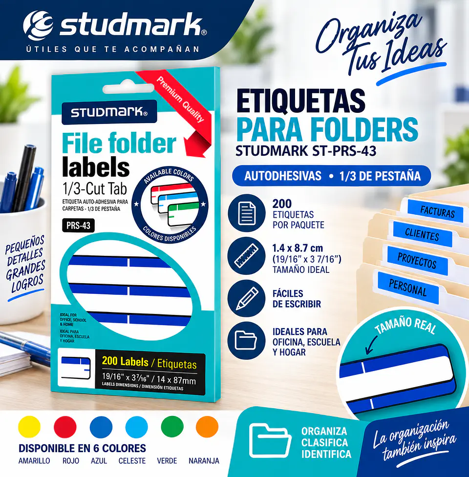 Etiquetas Adhesivas Studmark ST-PRS-43 para Folders 1.4 x 8.7 cm Caja de 200 Unidades 3