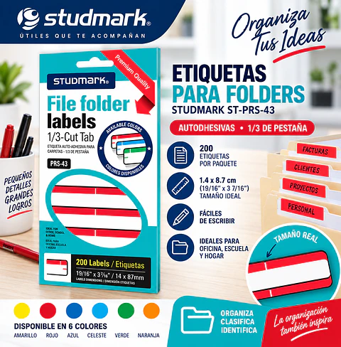 Etiquetas Adhesivas Studmark ST-PRS-43 para Folders 1.4 x 8.7 cm Caja de 200 Unidades