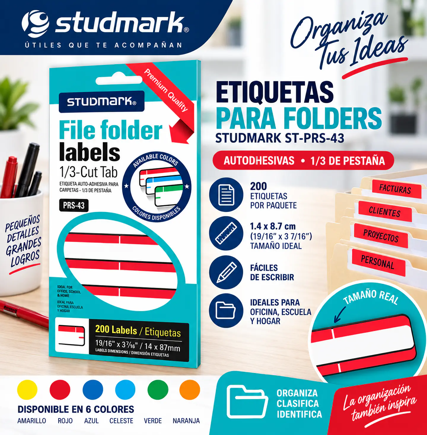 Etiquetas Adhesivas Studmark ST-PRS-43 para Folders 1.4 x 8.7 cm Caja de 200 Unidades 2