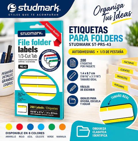 Etiquetas Adhesivas Studmark ST-PRS-43 para Folders 1.4 x 8.7 cm Caja de 200 Unidades
