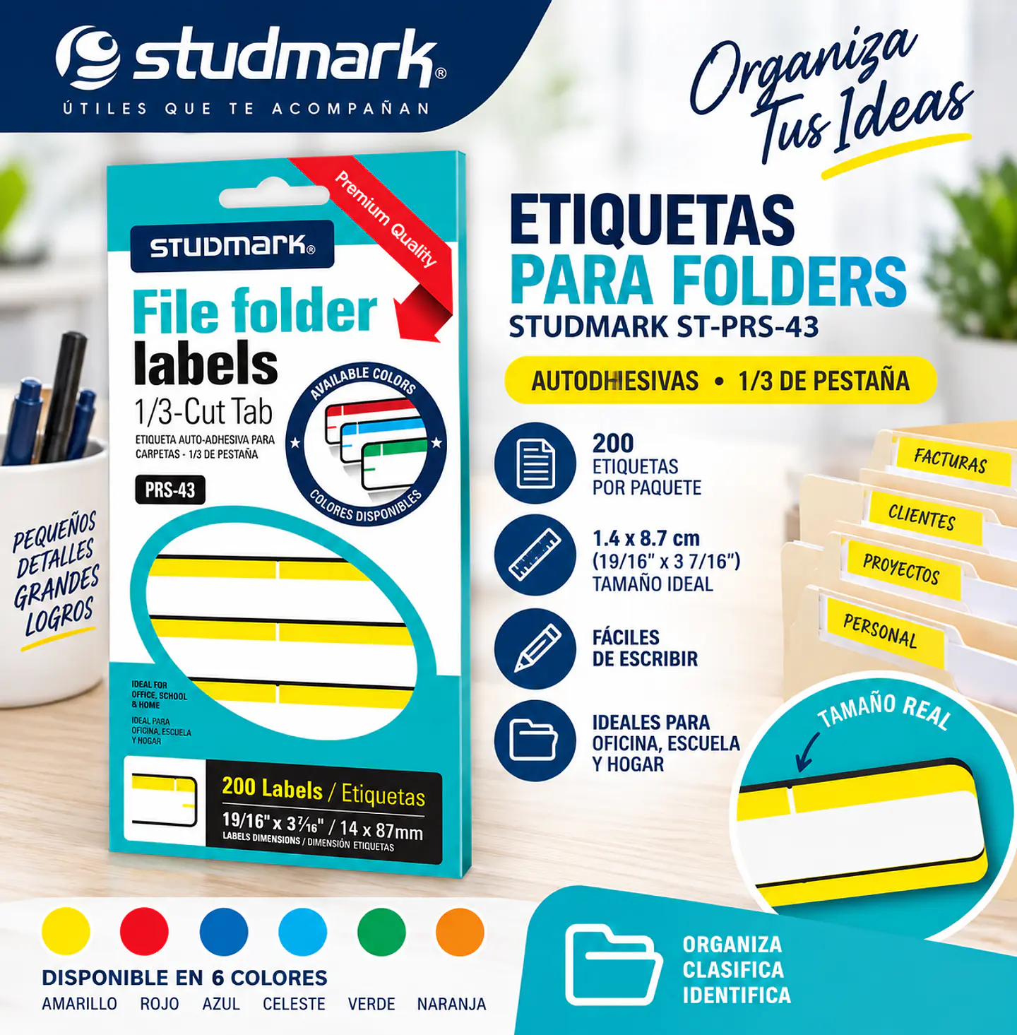 Etiquetas Adhesivas Studmark ST-PRS-43 para Folders 1.4 x 8.7 cm Caja de 200 Unidades 1