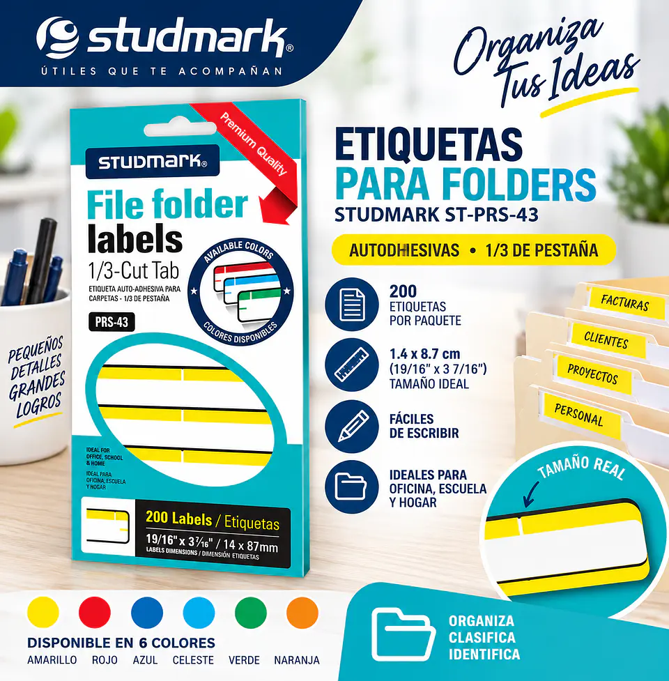 Etiquetas Adhesivas Studmark ST-PRS-43 para Folders 1.4 x 8.7 cm Caja de 200 Unidades 1