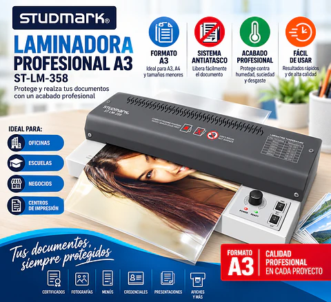 Laminadora Profesional Studmark ST-LM-358 A3 con Sistema Antiatasco para Oficina y Negocio