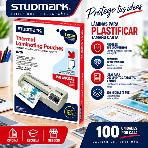 Láminas para Plastificar Studmark Tamaño Carta 228 x 292 mm