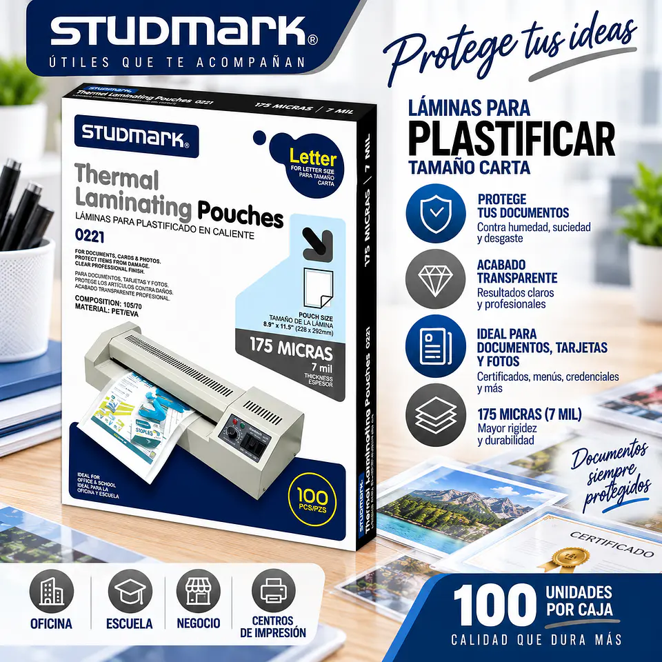Láminas para Plastificar Studmark Tamaño Carta 228 x 292 mm 3