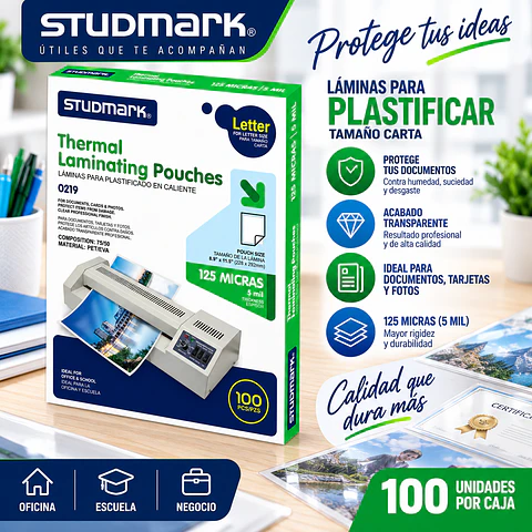 Láminas para Plastificar Studmark Tamaño Carta 228 x 292 mm
