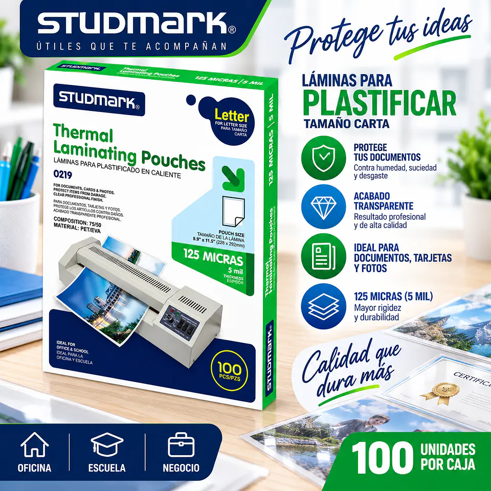 Láminas para Plastificar Studmark Tamaño Carta 228 x 292 mm 1