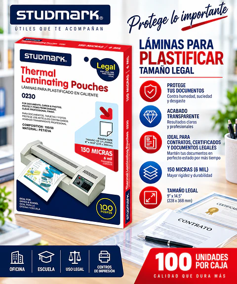 Láminas para Plastificar Studmark 228x368 mm (Legal)
