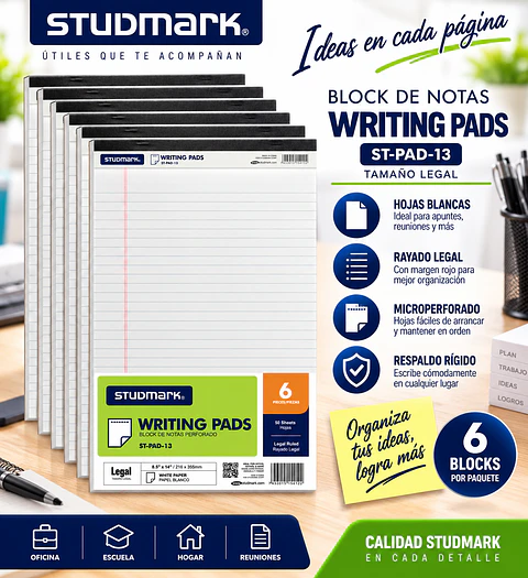 Block Legal Studmark Rayado Tamaño Legal con Hojas Blancas y Amarillas para Notas y Oficina