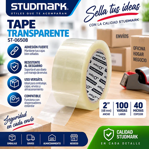 Tape Transparente Studmark 2" x 100 Yardas 40 Micras | ST-06508