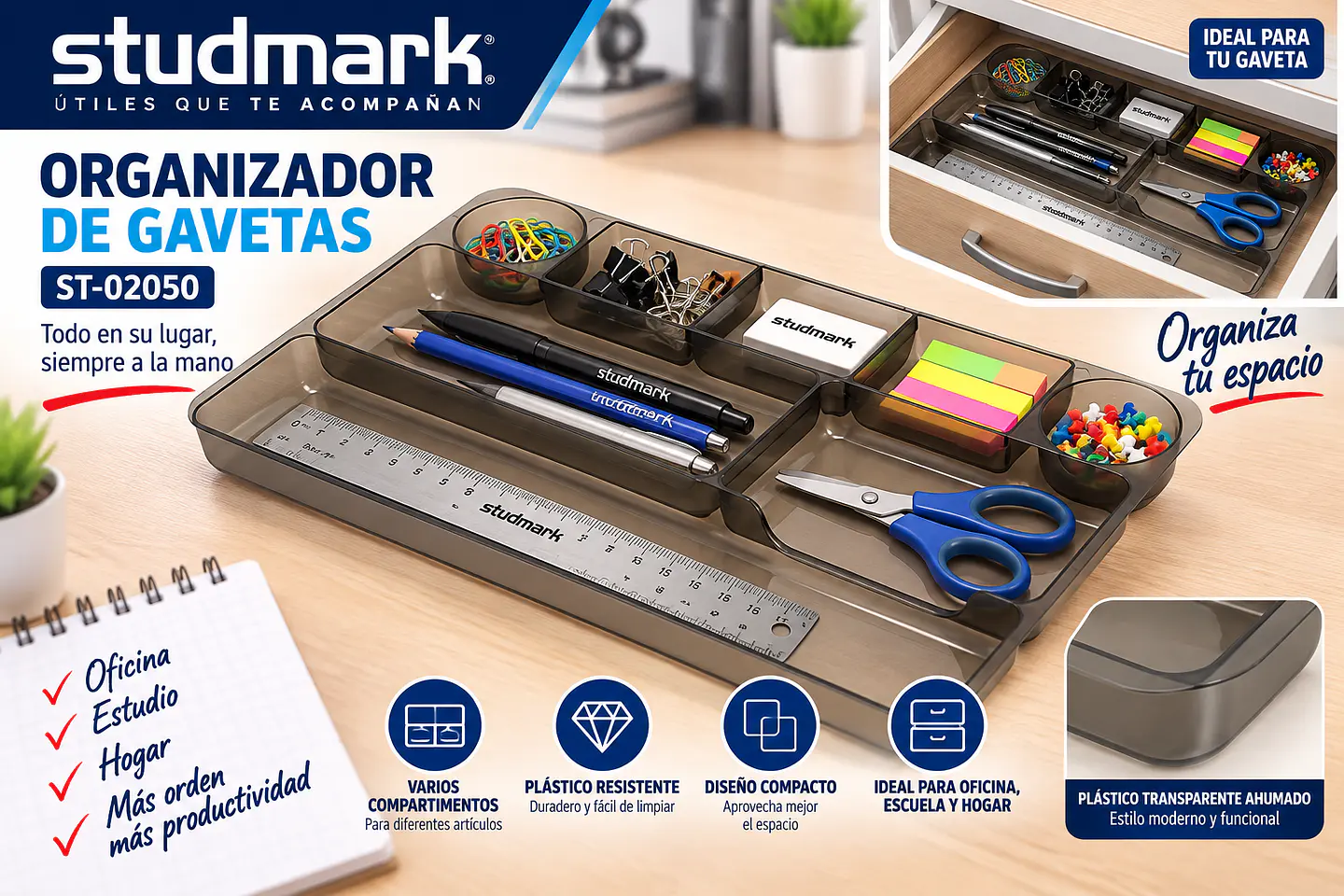 Organizador de Gavetas Studmark ST-02050 Plástico Ahumado para Oficina 1