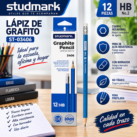 Lápiz HB No.2 Studmark ST-03406 con Borrador