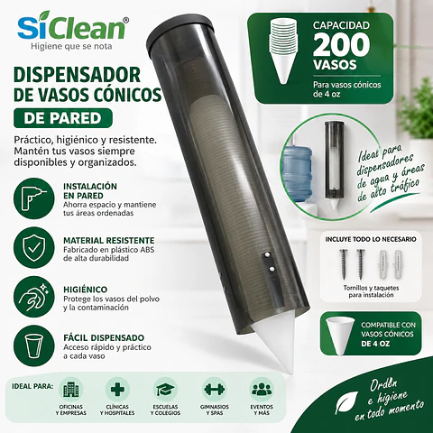 Dispensador para Vasos Cónicos SiClean de Pared para Vasos de 4 oz con Capacidad para 200 Vasos