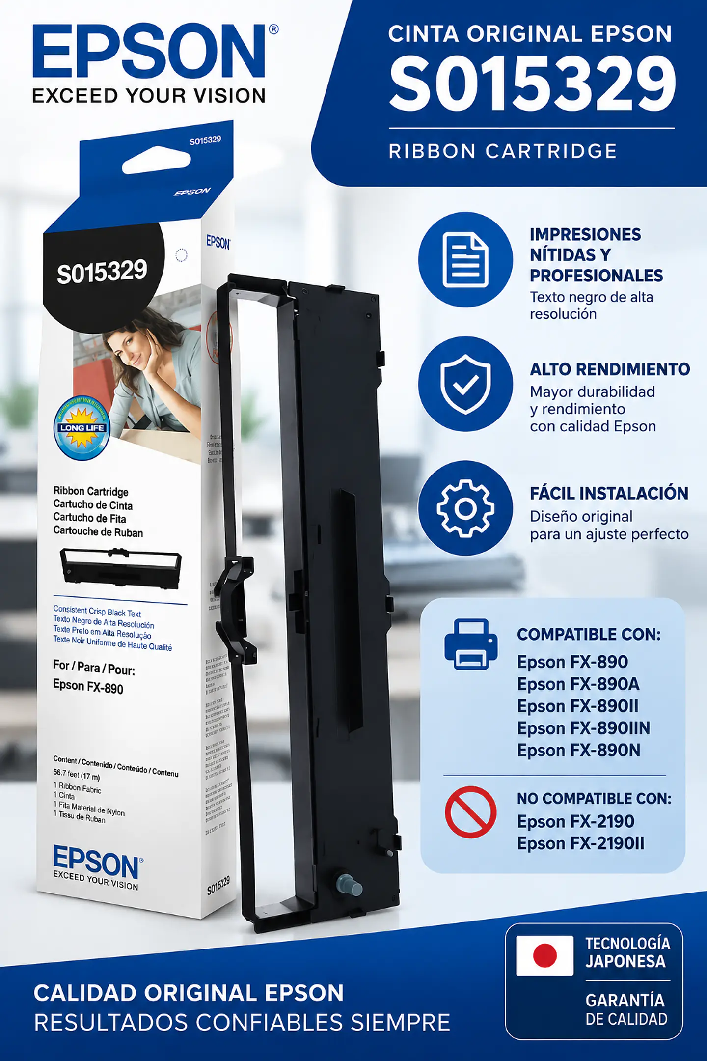 Cinta Epson S015329 Original para Impresoras Epson FX-890, FX-890II, FX-890IIN y FX-890N - Negra 1