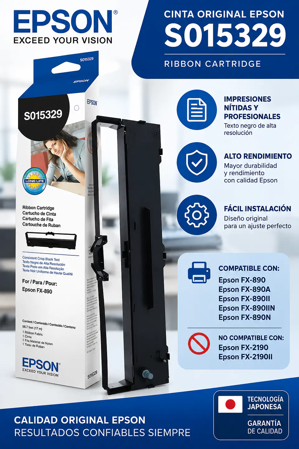 Cinta Epson S015329 Original para Impresoras Epson FX-890, FX-890II, FX-890IIN y FX-890N - Negra 1