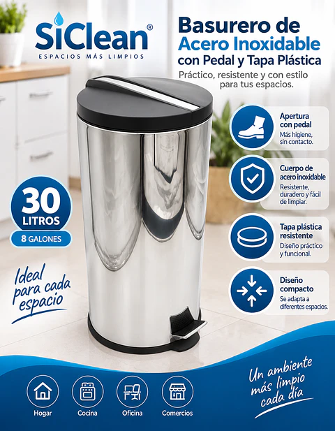 Basurero de Acero Inoxidable con Pedal y Tapa Plástica SiClean