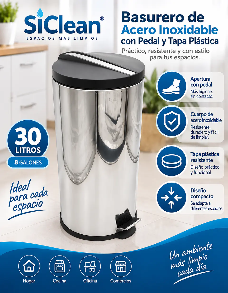 Basurero de Acero Inoxidable con Pedal y Tapa Plástica SiClean 2