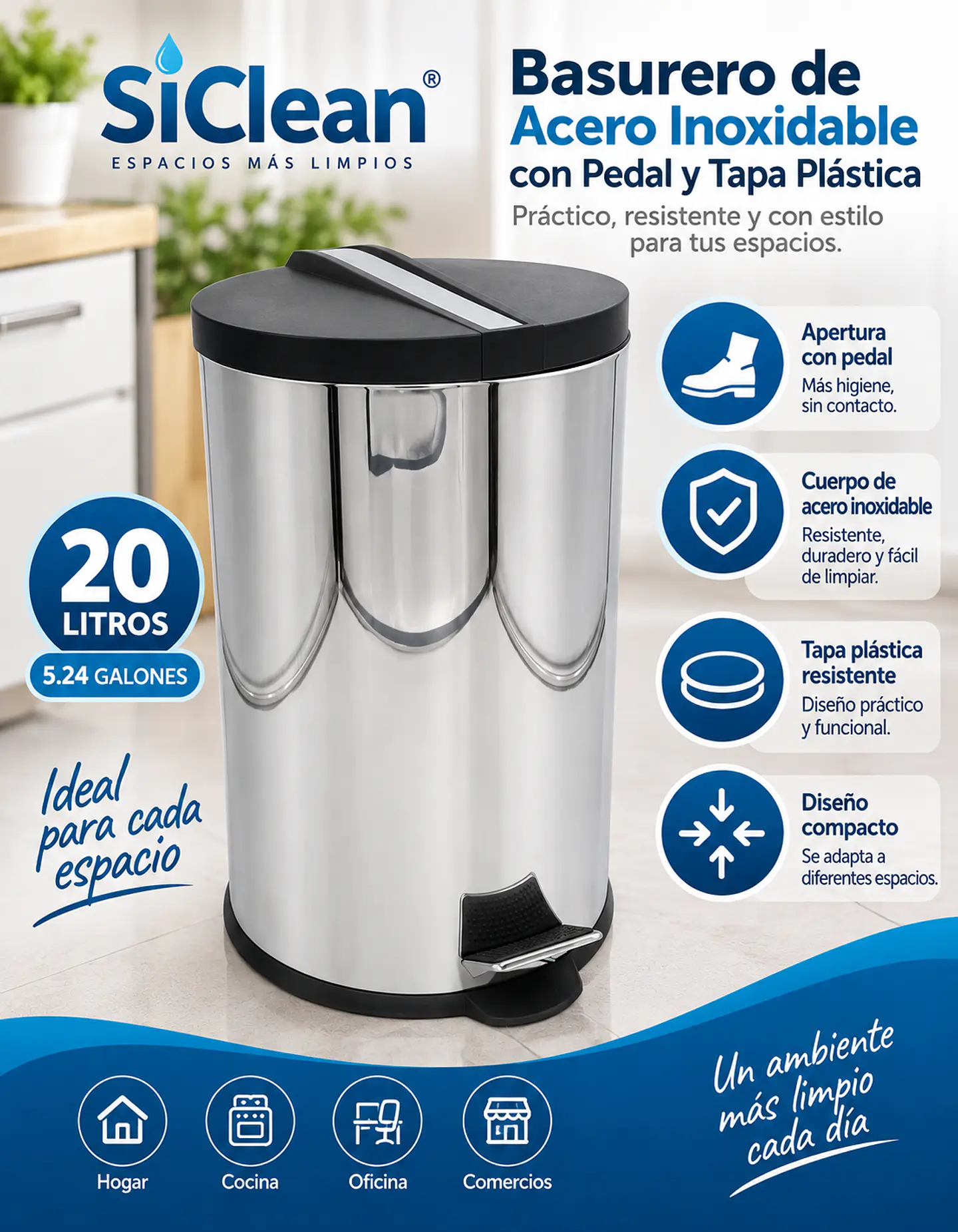 Basurero de Acero Inoxidable con Pedal y Tapa Plástica SiClean 1