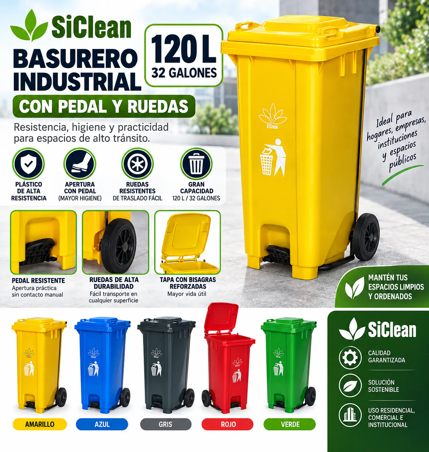 Basurero Industrial 32 Galones 120L con Pedal y Ruedas SiClean 8
