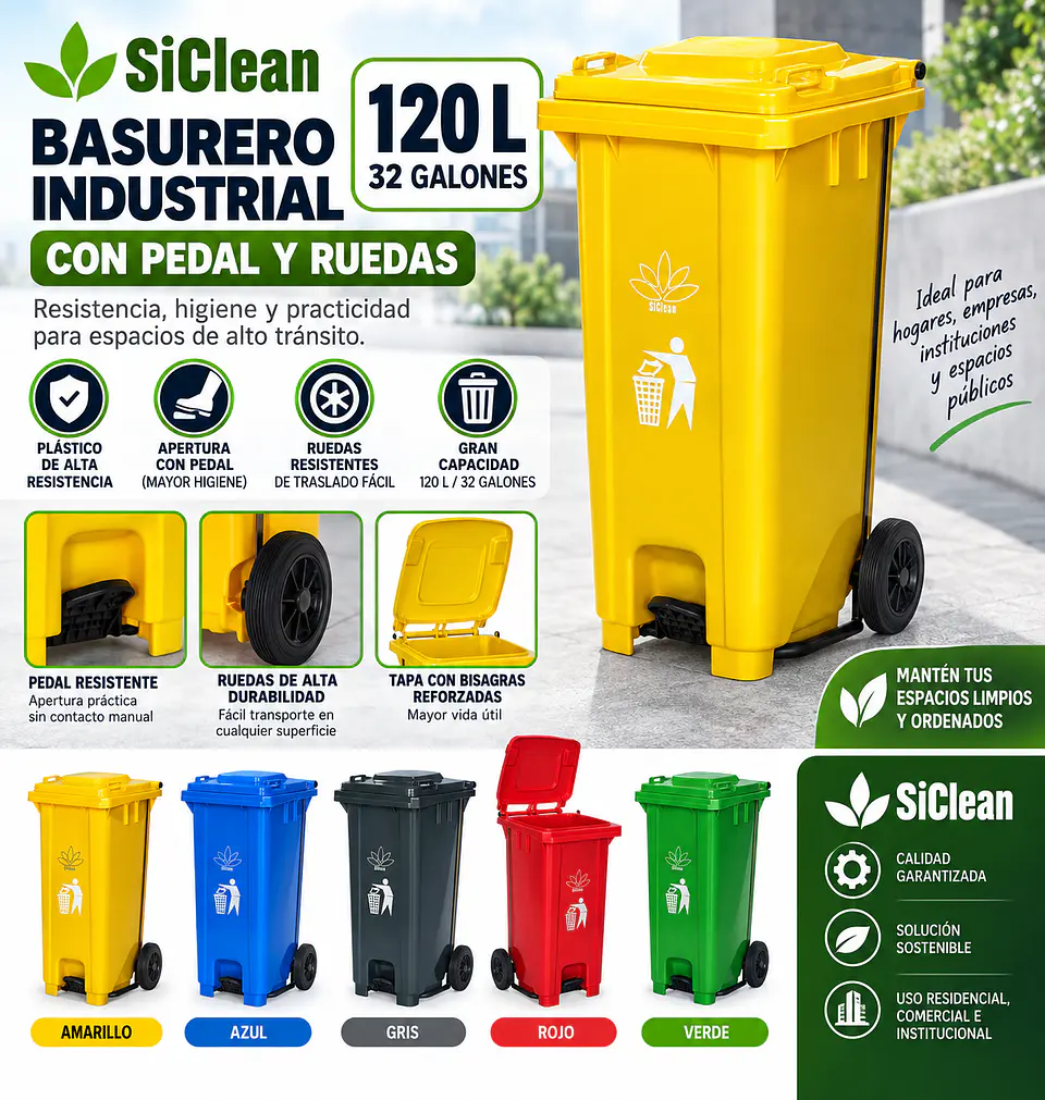 Basurero Industrial 32 Galones 120L con Pedal y Ruedas SiClean 8