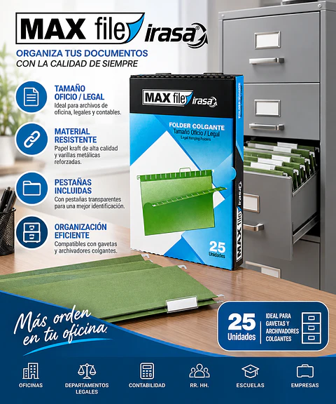 Folder Colgante Irasa MAX File Tamaño Legal para Archivadores – Caja de 25 Unidades